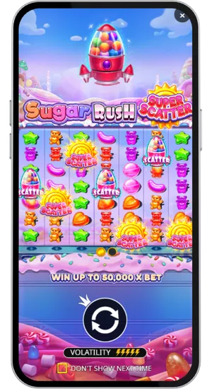 Casino game lobby with a search bar active and a slot title appearing as the top result in the filtered game grid