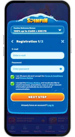 Casino registration form with fields for email and password next to a deposit screen showing a minimum top-up of ten pounds