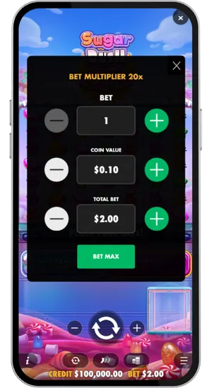 Slot game interface with the stake selector open showing adjustable coin values and bet levels before the spin begins
